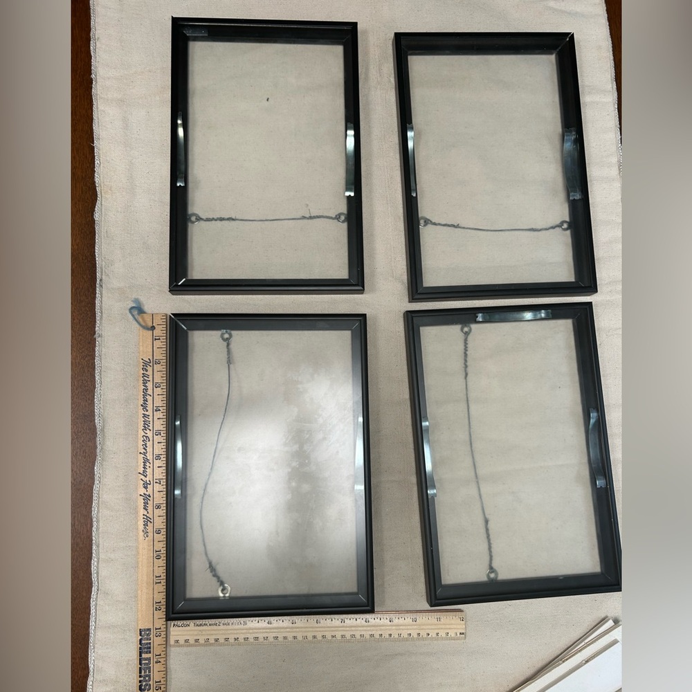 Set/4 Black Picture Frames, glass, hanging hardware. 12.25x8.25 each. Clean look